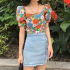 Puff-sleeve Floral Print Top / Denim Skirt