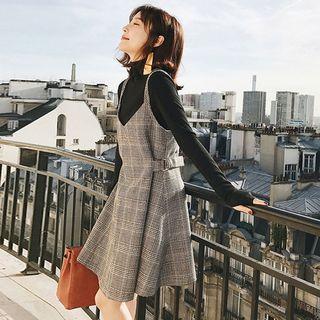 Set: Turtleneck Long-sleeve T-shirt + V-neck Plaid Spaghetti Strap Dress
