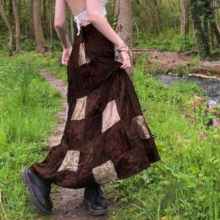 Color Block Velvet Midi A-line Skirt