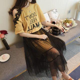Set: Lettering Short-sleeve T-shirt Dress+ Sheer Midi Skirt