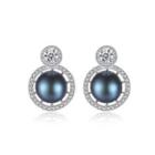 Sterling Silver Bright And Elegant Geometric Round Black Freshwater Pearl Stud Earrings With Cubic Zirconia Silver - One Size