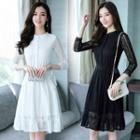 3/4-sleeve Drawstring Waist A-line Lace Dress