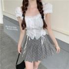 Cap-sleeve Ruffled Blouse / Plaid Pleated Mini A-line Skirt