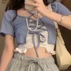Short-sleeve Lace Up Cropped T-shirt / Ruffle Camisole Top