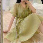 Short-sleeve Mesh Dress Avocado Green - One Size