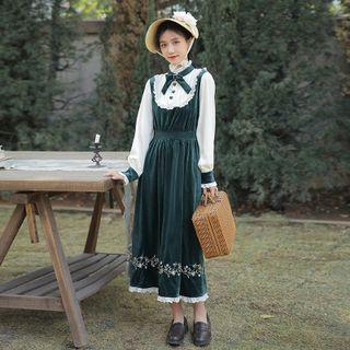 Long-sleeve Flower Embroidered Lace Trim Midi A-line Dress