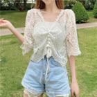 Elbow-sleeve Drawstring Lace Top