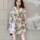 Leaf Print Mini Blazer Dress With Sash Shirt - One Size