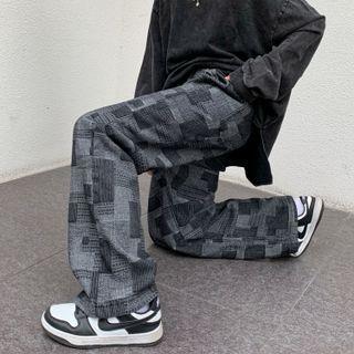 Checkerboard Drawstring Wide Leg Jeans