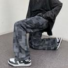 Checkerboard Drawstring Wide Leg Jeans