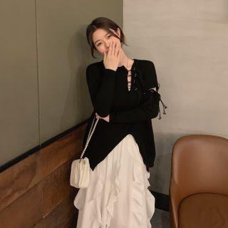Irregular Sweater / Ruffle Trim Midi A-line Skirt