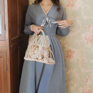 Tie-neck Lantern-sleeve A-line Knit Dress