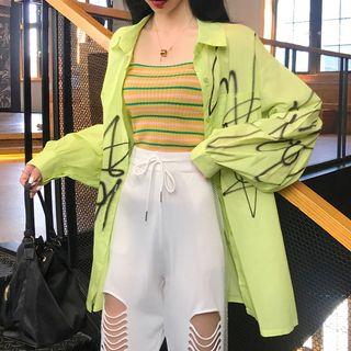 Printed Shirt / Striped Camisole Top / Cutout Cropped Pants / Set