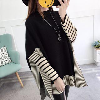 Mock-neck Striped Batwing-sleeve Sweater