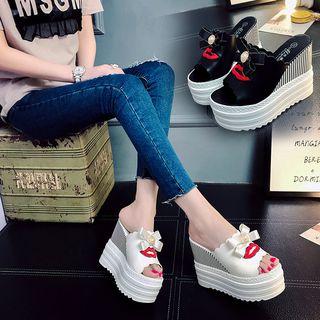Bow Detail Platform Wedge Slide Sandals