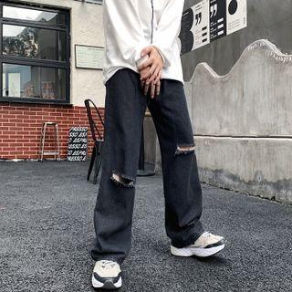Straight Leg Plain Distressed Jeans