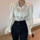 Puff Sleeve Plain Satin Shirt Off-white - One Size