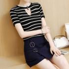 Set: Striped Cutout Short-sleeve Knit Top + Plain A-line Skirt