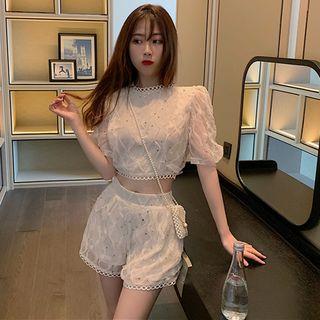 Lace Short-sleeve Crop Top / Lace-trim Shorts