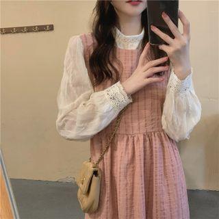 Crew-neck Lace Blouse / Plain Lace-up Overall Dress