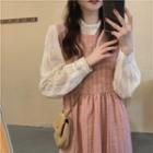Crew-neck Lace Blouse / Plain Lace-up Overall Dress