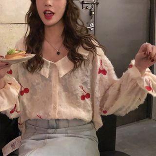 Cherry Embroidered Fringed Blouse As Shown In Figure - One Size