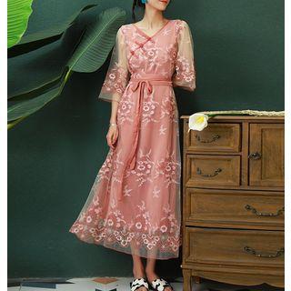 Bell-sleeve Mesh Floral Embroidered Dress