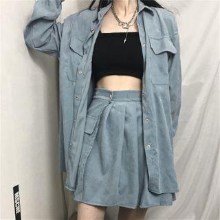 Set: Long Sleeve Corduroy Cargo Shirt + Pleated A-line Skirt