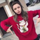 Turtleneck Cat Appliqued Sweater