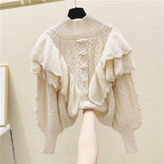 Ruffle Mock-turtleneck Cable Knit Sweater