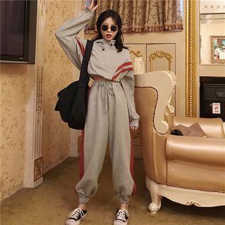Set: Drawstring Zipper Striped Top + Sweatpants Gray - One Size
