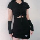 Short-sleeve Drawstring Knit Top / Ribbed Pencil Skirt