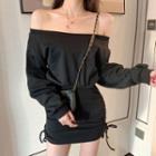 Long-sleeve Drawstring Mini Sheath Dress Black - One Size