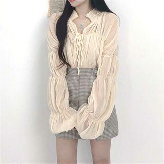 Puff-sleeve Ruffled Drawstring Shirt