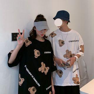Couple Matching Elbow Sleeve Bear Print T-shirt
