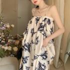 Spaghetti-strap Print Midi A-line Dress Black Print - Beige - One Size