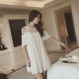 Lace Panel Cold-shoulder Short-sleeve Mini A-line Dress
