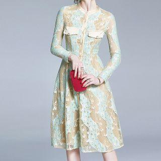 Lace Long-sleeve Button Midi A-line Dress
