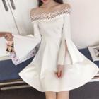 Off-shoulder Long-sleeve Crochet Lace Panel Mini A-line Dress