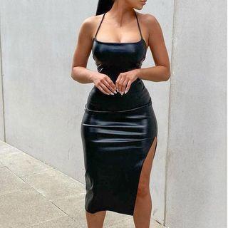 Faux Leather Side-slit Halter Midi Dress