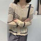 Round-neck Two Tone Striped Button-up Cardigan