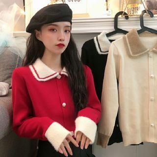 Contrast Collared Beaded Knit Top