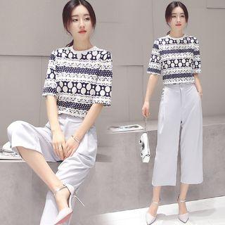 Set : Patterned Short-sleeve Top + Wide Leg Pants