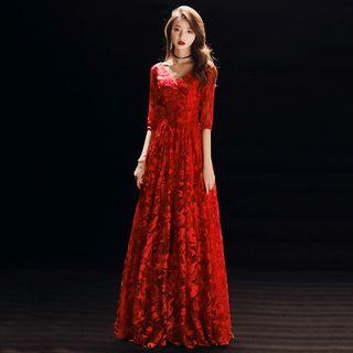 Elbow Sleeve V-neck Embroidered Evening Gown