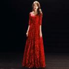 Elbow Sleeve V-neck Embroidered Evening Gown