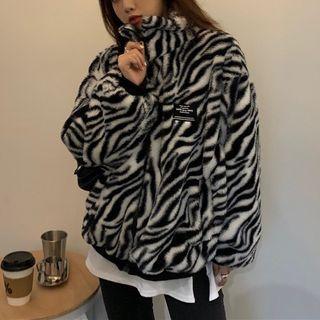 Zebra Print Furry Zip Jacket Zebra Print - Black & White - One Size