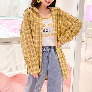 Set: Long-sleeve Plaid Shirt + Spaghetti Strap Lettering Top