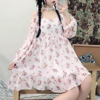 Cold-shoulder Floral Mini A-line Dress As Shown In Figure - One Size