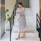 Set: Off-shoulder Pattern Dress + Band-waist Tulle Skirt