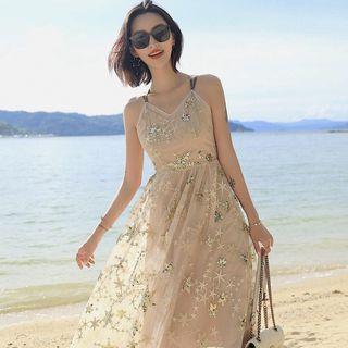 Star Sequined Spaghetti Strap Maxi A-line Dress
